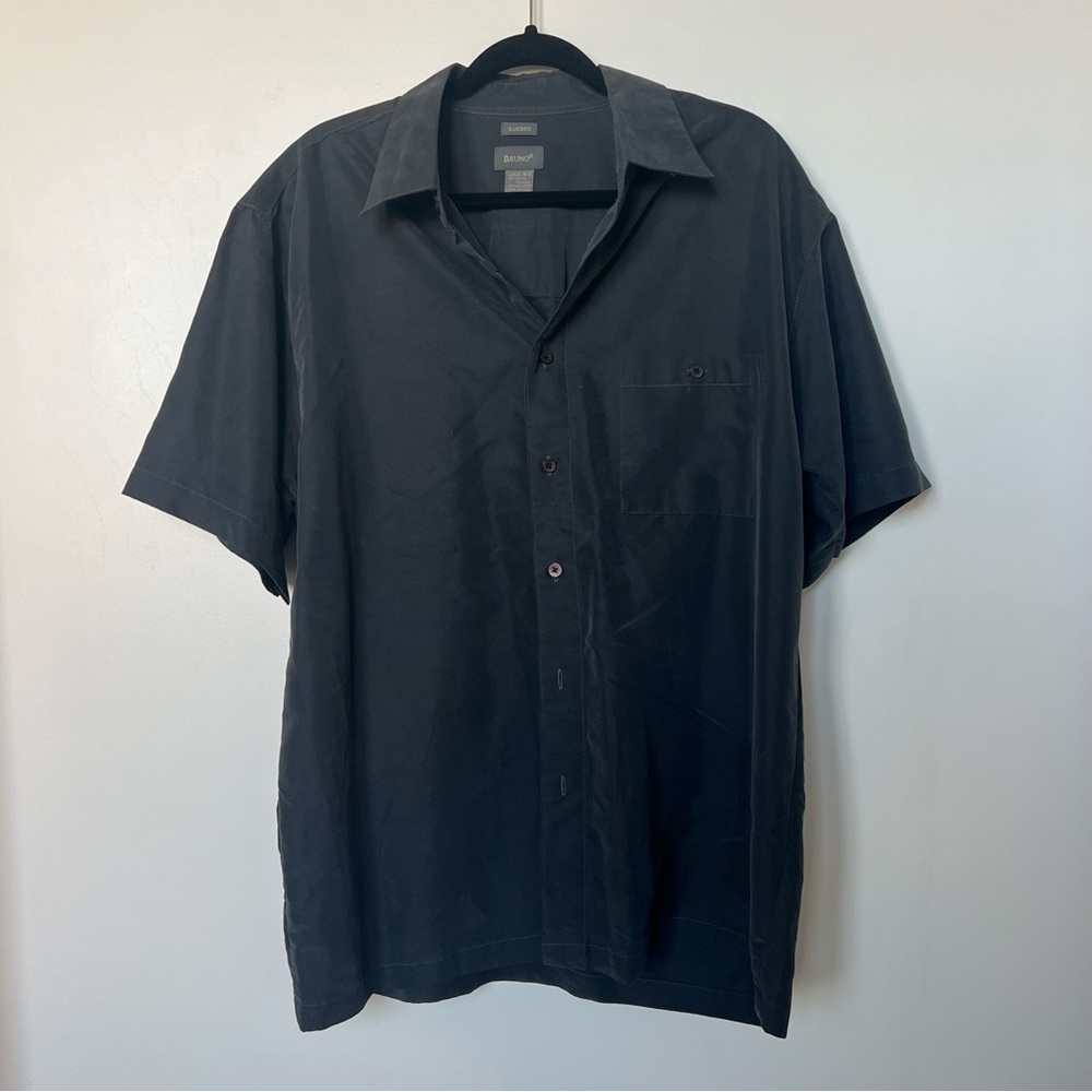 Dark Grey oversized short sleeve button up shirt with suede like fabric size L.